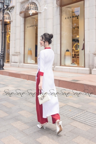 SONO - Áo dài trắng thêu hoa nhỏ màu đỏ