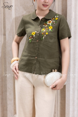 SONO - Áo linen cổ sen thêu hoa vàng