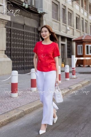 SONO - Áo linen có tay thêu chuồn chuồn