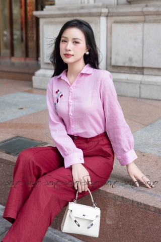 SONO - Áo sơ mi linen dài tay thêu chuồn chuồn
