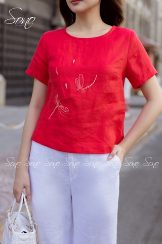 SONO - Áo linen có tay thêu chuồn chuồn