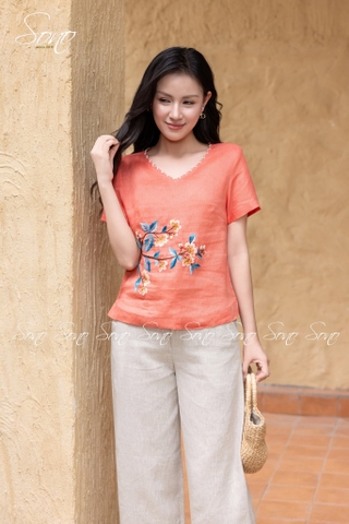SONO - Áo linen cổ tim thêu viền và nhánh hoa