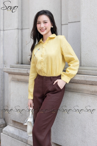 SONO - Áo sơ mi linen dài tay thêu chuồn chuồn