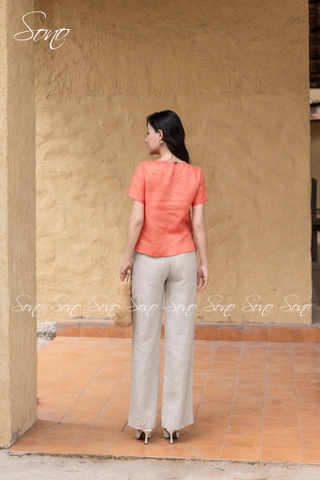 SONO - Áo linen cổ tim thêu viền và nhánh hoa