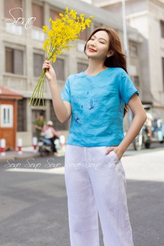 SONO - Áo linen có tay thêu chuồn chuồn