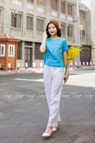 SONO - Áo linen có tay thêu chuồn chuồn