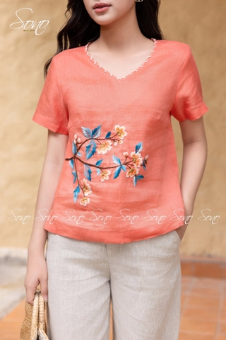 SONO - Áo linen cổ tim thêu viền và nhánh hoa