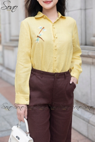 SONO - Áo sơ mi linen dài tay thêu chuồn chuồn