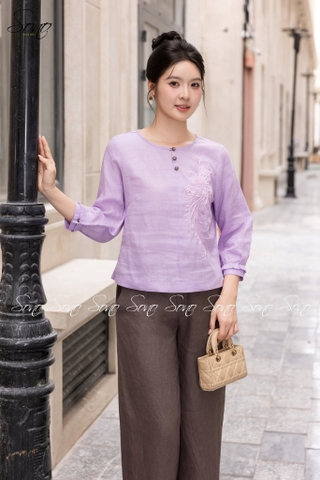 SONO - Áo linen tay dài thêu thiên nga