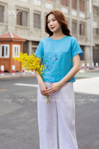 SONO - Áo linen có tay thêu chuồn chuồn