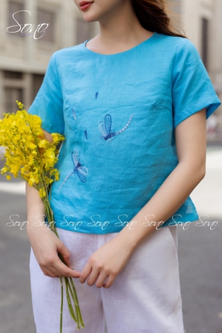 SONO - Áo linen có tay thêu chuồn chuồn