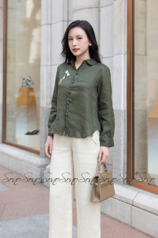SONO - Áo sơ mi linen dài tay thêu chuồn chuồn
