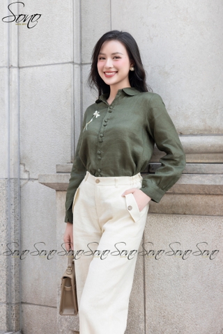 SONO - Áo sơ mi linen dài tay thêu chuồn chuồn