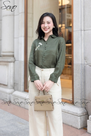 SONO - Áo sơ mi linen dài tay thêu chuồn chuồn