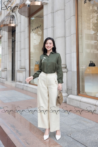 SONO - Áo sơ mi linen dài tay thêu chuồn chuồn