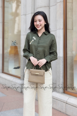 SONO - Áo sơ mi linen dài tay thêu chuồn chuồn