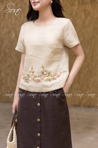 SONO - Áo linen tay ngắn thêu quấn bọ