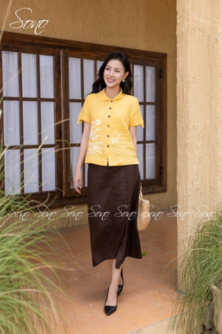 SONO - Áo linen cổ sen tay nơ thêu hoa trắng