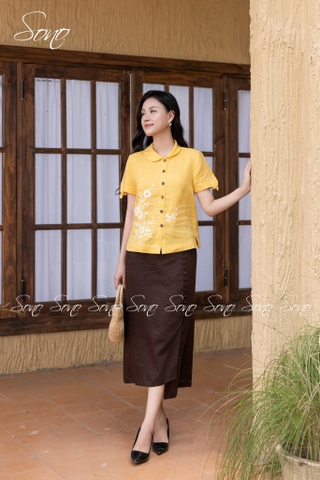 SONO - Áo linen cổ sen tay nơ thêu hoa trắng
