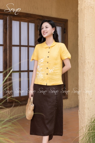SONO - Áo linen cổ sen tay nơ thêu hoa trắng