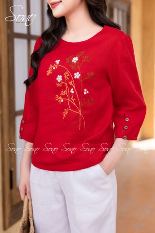 SONO - Áo linen tay lỡ thêu cành lá nâu