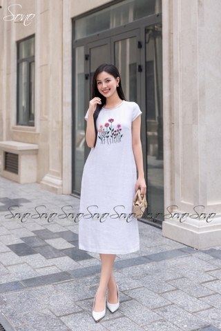SONO - Đầm linen cổ đan thêu ngực