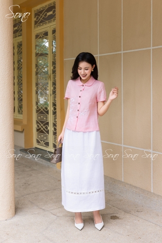 SONO - Áo linen cổ sen tay nơ thêu hoa trắng