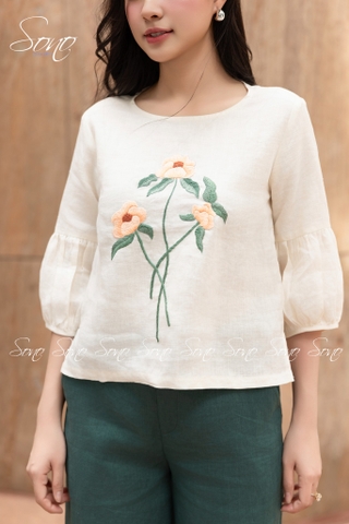 SONO - Áo linen tay lồng đèn thêu hoa cam