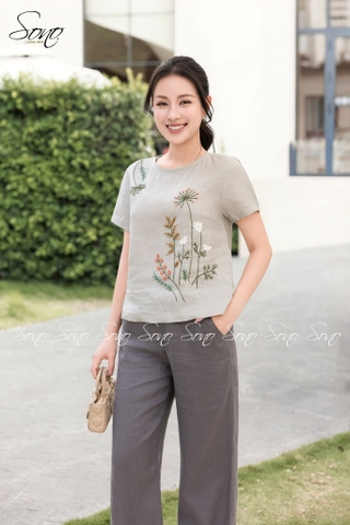 SONO - Áo linen cổ tròn thêu cây cỏ