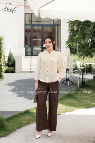 SONO - Áo linen xếp ly cổ tàu