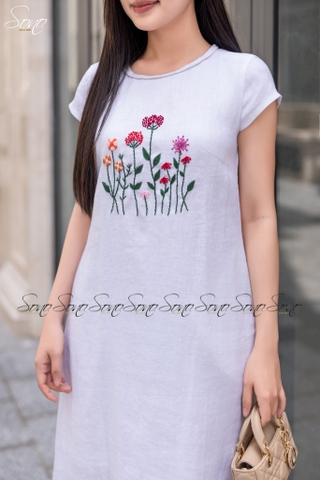 SONO - Đầm linen cổ đan thêu ngực