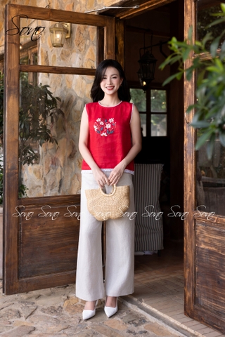 SONO - Áo linen sát nách thêu hoa phối viền ren