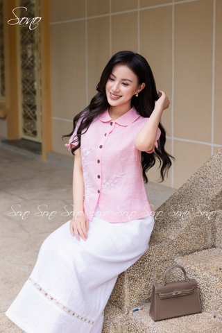 SONO - Áo linen cổ sen tay nơ thêu hoa trắng