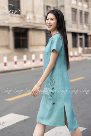 SONO - Đầm linen ren cổ thêu hoa