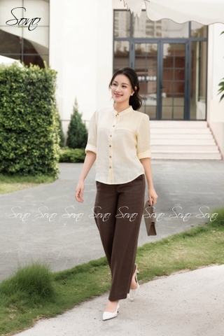SONO - Áo linen xếp ly cổ tàu
