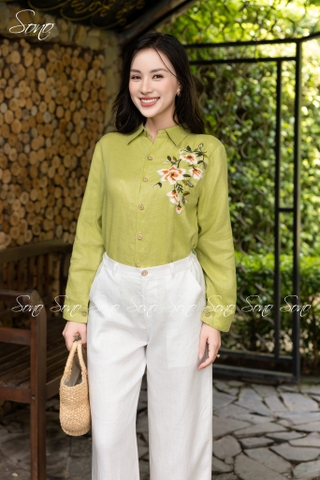 SONO - Áo sơ mi linen thêu hoa bên ngực