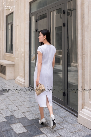 SONO - Đầm linen cổ đan thêu ngực