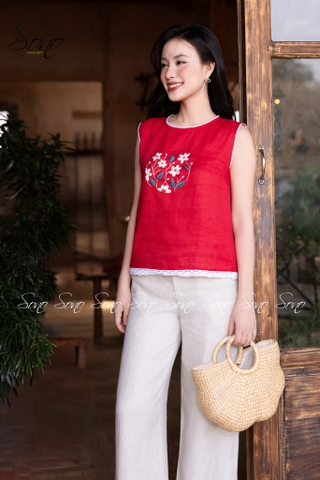SONO - Áo linen sát nách thêu hoa phối viền ren