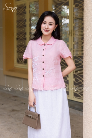 SONO - Áo linen cổ sen tay nơ thêu hoa trắng