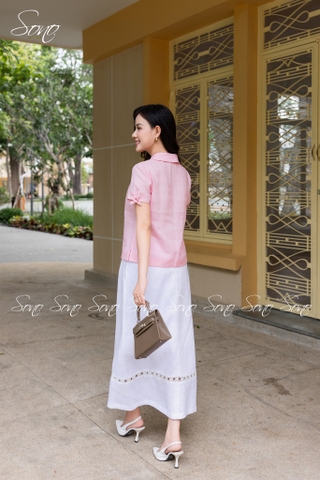 SONO - Áo linen cổ sen tay nơ thêu hoa trắng