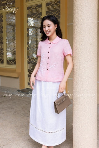 SONO - Áo linen cổ sen tay nơ thêu hoa trắng