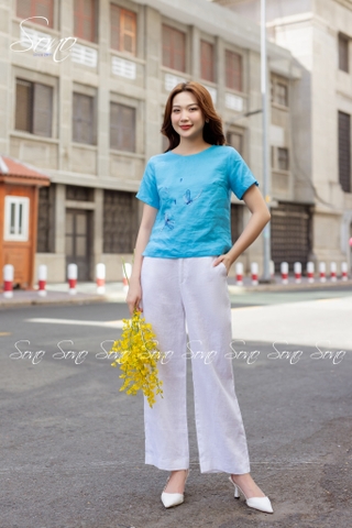 SONO - Áo linen có tay thêu chuồn chuồn
