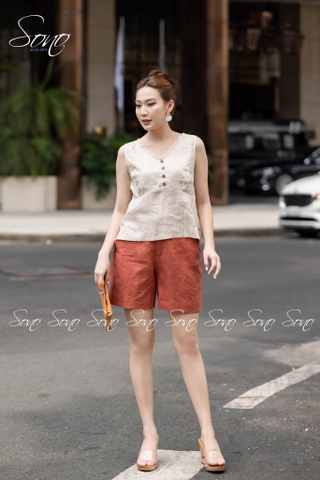 SONO - Áo linen sát nách cổ tim viền ren