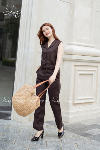 SONO - Bộ dài linen cổ bẻ nút gỗ