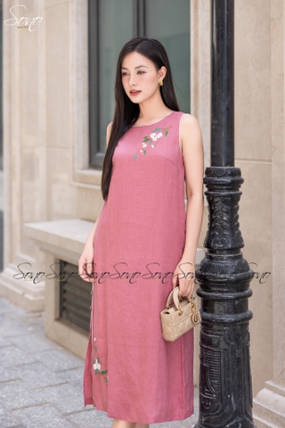 SONO - Đầm linen nút bên viền trắng thêu