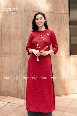 SONO- Áo dài cổ đan tay thêu cành lá