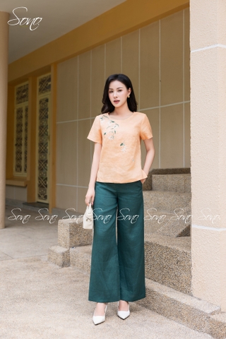 SONO - Áo linen tay ngắn thêu hoa mắc cỡ