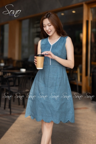SONO - Đầm linen cổ tim viền ren