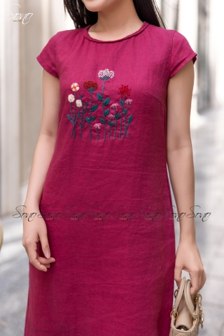SONO - Đầm linen cổ đan thêu ngực
