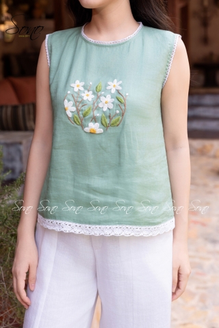 SONO - Áo linen sát nách thêu hoa phối viền ren